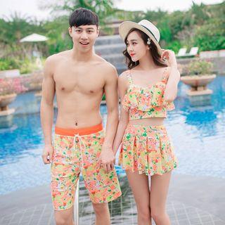 Couple Matching Set: Floral Swim Top + Swim Skirt + Swim Bottom / Floral Swim Shorts