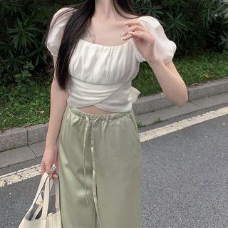 Puff-sleeve Ribbon Chiffon Blouse / High Waist Wide Leg Pants