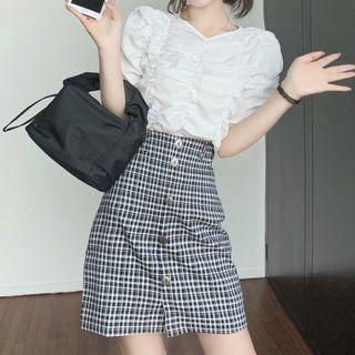 Puff-sleeve Shirred Blouse / Plaid Button-up A-line Skirt