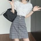 Puff-sleeve Shirred Blouse / Plaid Button-up A-line Skirt