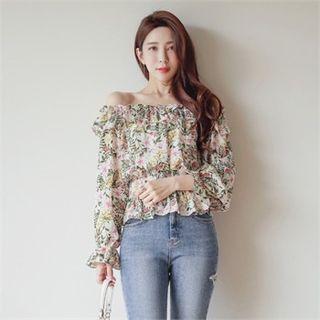 Off-shoulder Ruffled Floral Blouse