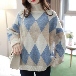 Turtle-neck Argyle Boxy Sweater Blue - One Size
