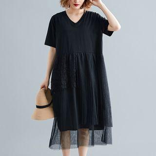 Short-sleeve Mesh Overlay A-line Dress As Shown In Figure - One Size