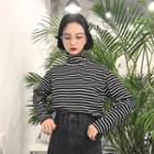 Turtleneck Striped Long-sleeve T-shirt As Shown In Figure - One Size