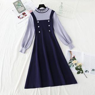 Puff-sleeve Double-breasted A-line Knit Dress