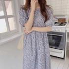 Floral Print Puff-sleeve Maxi A-line Dress As Shown In Figure - One Size