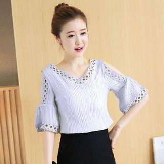 Cut Out V-neck Elbow-sleeve Top