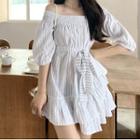 Striped Off-shoulder Long-sleeve Mini A-line Dress White - One Size
