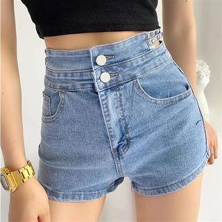 High-waist Cut-out Washed Denim Shorts