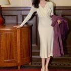 Long-sleeve V-neck Faux Pearl Trim Knit Midi Mermaid Dress