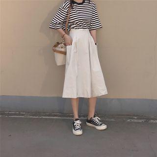 Set: Stripe Elbow-sleeve T-shirt + Capri Wide Leg Pants