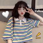 Elbow-sleeve Striped Polo Shirt Stripe - One Size