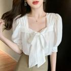 Puff-sleeve Square-neck Bow Plain Blouse