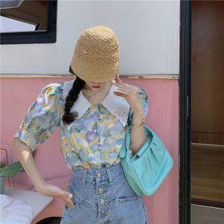 Puff-sleeve Collared Flower Print Blouse Floral - Green - One Size