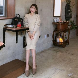 Set: V-neck Cable-knit Sweater + Slit-back Midi Skirt