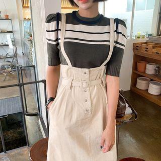 Detachable Shoulder-strap Corduroy Midi Skirt With Belt