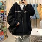 Letter Embroidered Fleece-lined Zip-up Hoodie