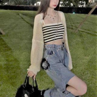 Striped Knit Crop Camisole Top / Cardigan