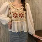 Long-sleeve Floral Embroidered Chiffon Blouse