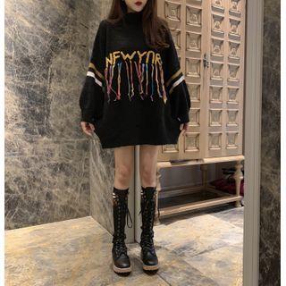Lettering Fringed Sweater Black - One Size