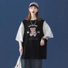 Short-sleeve Bear Print Mock Two Piece T-shirt