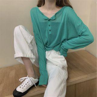 Long-sleeve See-through Henley T-shirt