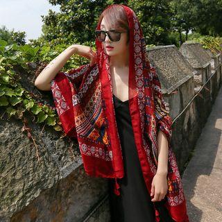 Patterned Tassel Sun Protection Scarf Red - One Size