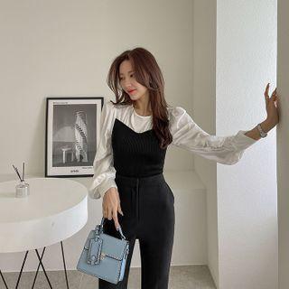 Shirred-sleeve Contrast-panel Knit Top