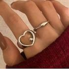 Set: Heart Ring + Plain Ring Set Of 2 - Silver - One Size