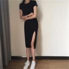 Short-sleeve Midi Slit Sheath Dress