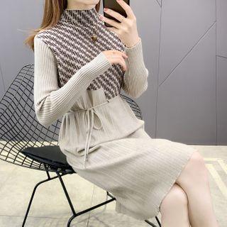 Long-sleeve Houndstooth Mock-neck Knit Midi Dress