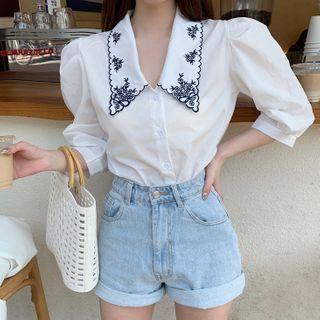 Floral Embroidered Collar Puff-sleeve Blouse White - One Size