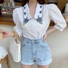 Floral Embroidered Collar Puff-sleeve Blouse White - One Size