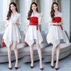 Set: Elbow-sleeve Asymmetrical Hem Shirt Dress + Back Zip Tube Top + Belt