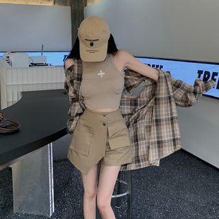 Plaid Shirt Jacket / Crop Tank Top / Mini A-line Skort
