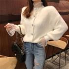 Furry Button Knit Jacket / Lace Long-sleeve Top