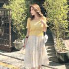 Set: Drawstring-waist Summer Knit Top + Pinafore Dress Yellow - One Size