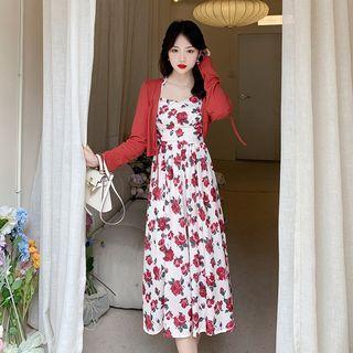 Set: Halter-neck Floral Print Midi A-line Dress + Cardigan