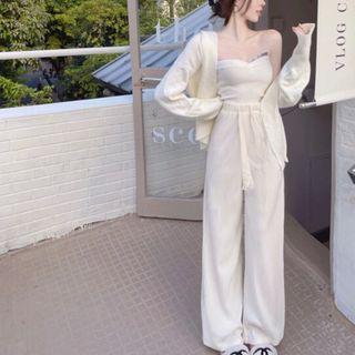Plain Cardigan / Strapless Top / High-waist Wide-leg Pants