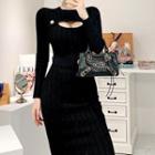Cut-out Long-sleeve Knit Sheath Dress Zip Back - Black - One Size