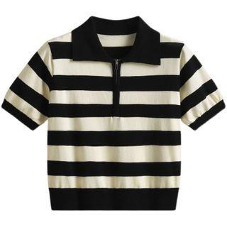 Short-sleeve Striped Half-zip Polo Knit Top
