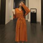Long-sleeve Midi Chiffon Shirt Dress 1253 - Brown - One Size