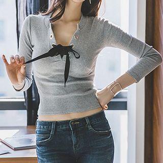 Long-sleeve Lace-up Neck Top