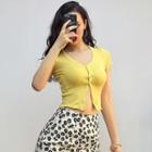 Buttoned V-neck Crop T-shirt In 7 Colors