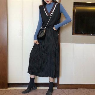 Plain Turtleneck Long-sleeve Slim-fit Top / Plain Vest / Pleated Skirt