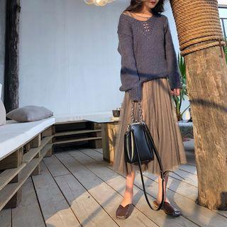 Set: Plain Slipdress + Long-sleeve Mesh Midi Dress / V-neck Chunky Knit Sweater