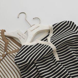 V-neck Striped Button-up Knit Top