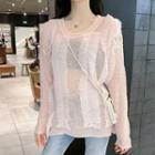 Long-sleeve Ruffled Perforated Knit Top