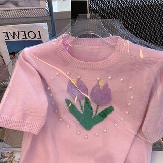 Elbow-sleeve Flower Print Knit Top