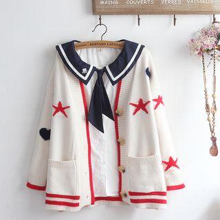 Long-sleeve Embroidered Cat Contrast Trim Shirt / Striped Trim Cardigan / Set